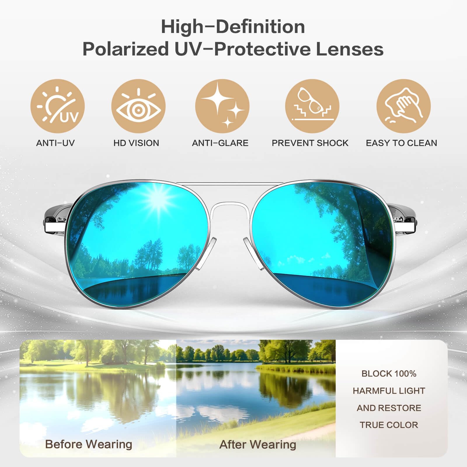 AI Smart Glasses with Chat GPT, AI Translation Glasses with 164 Language, Classic Aviator Sunglasses with Voice Assistant/AI Calling, IP65 Waterproof, Multifunctional Smart Glasses for Men Women