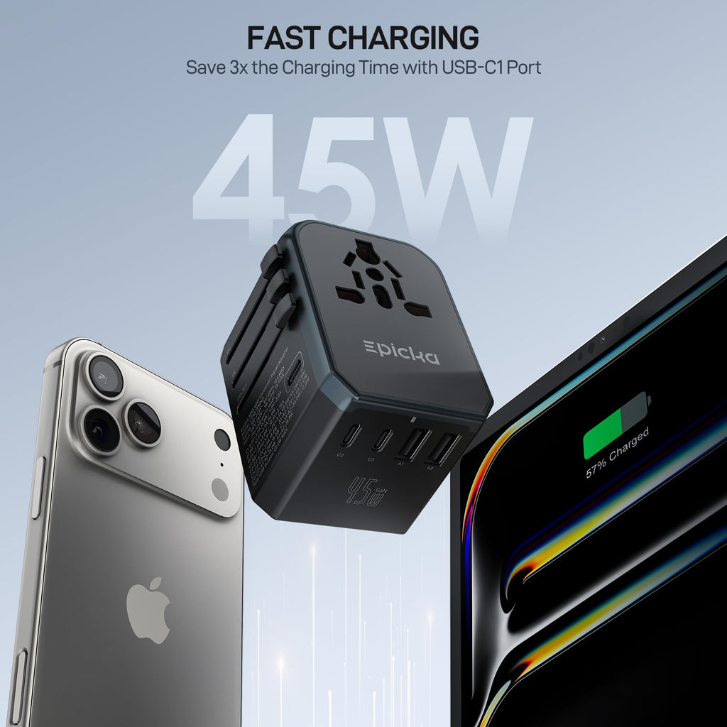 EPICKA Universal Travel Adapter GaN 45W, European Travel Plug Adapter with PD&QC Fast Charging(2 USB-A & 3 USB-C Ports) - Worldwide Travel Essentials, International Power Adapter for UK/US/AU (Black)