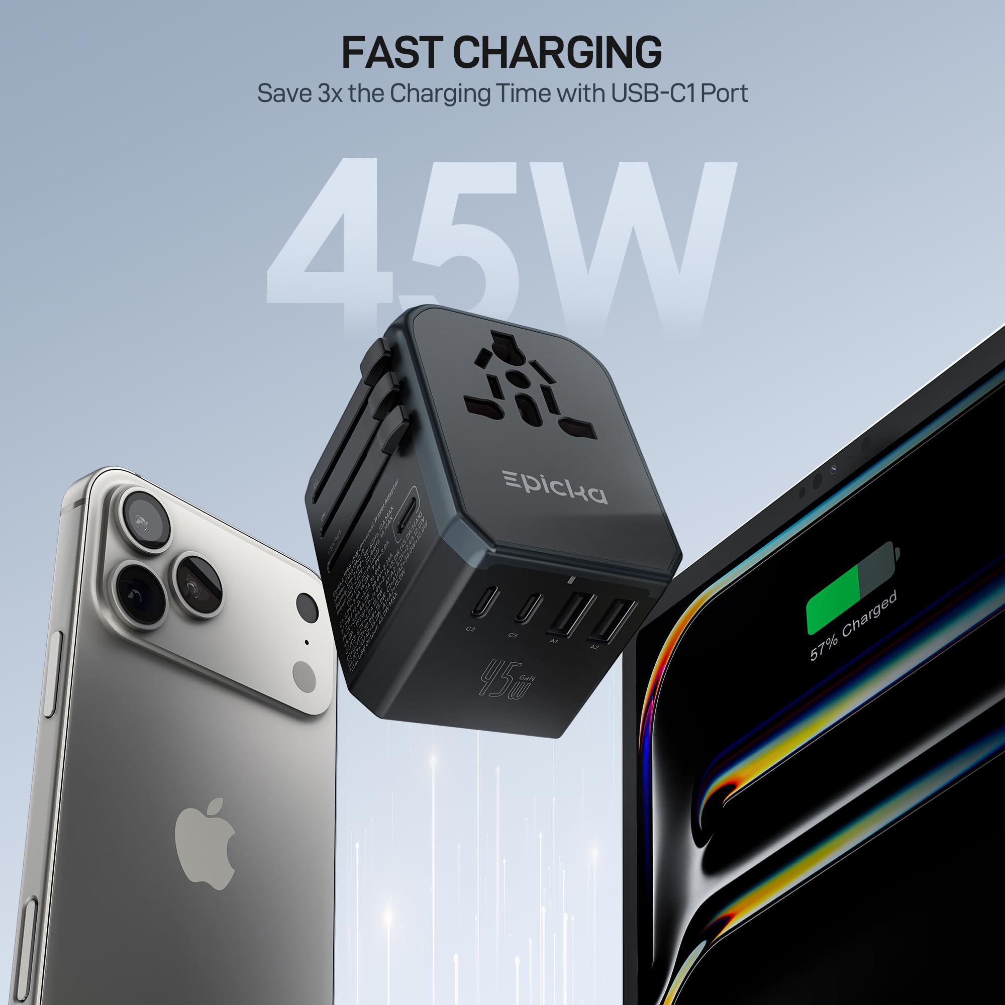 EPICKA Universal Travel Adapter GaN 45W, European Travel Plug Adapter with PD&QC Fast Charging(2 USB-A & 3 USB-C Ports) - Worldwide Travel Essentials, International Power Adapter for UK/US/AU (Black)