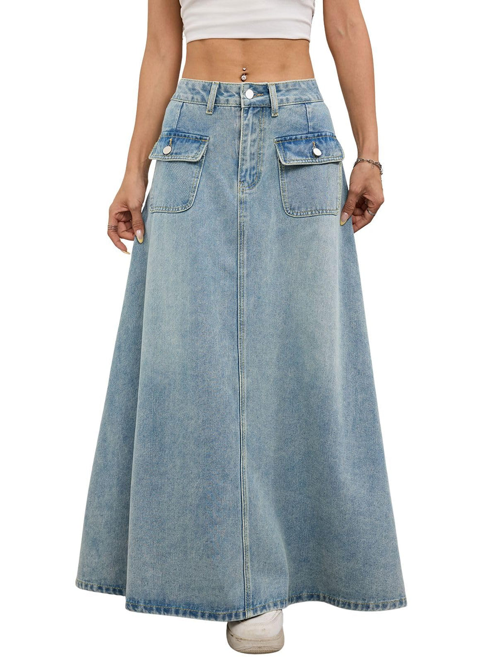 ebossy Women's Vintage Mid-Rise Multi-Pockets Flared Long Jean Skirts Pleated Flowy Swing A-line Denim Maxi Skirts