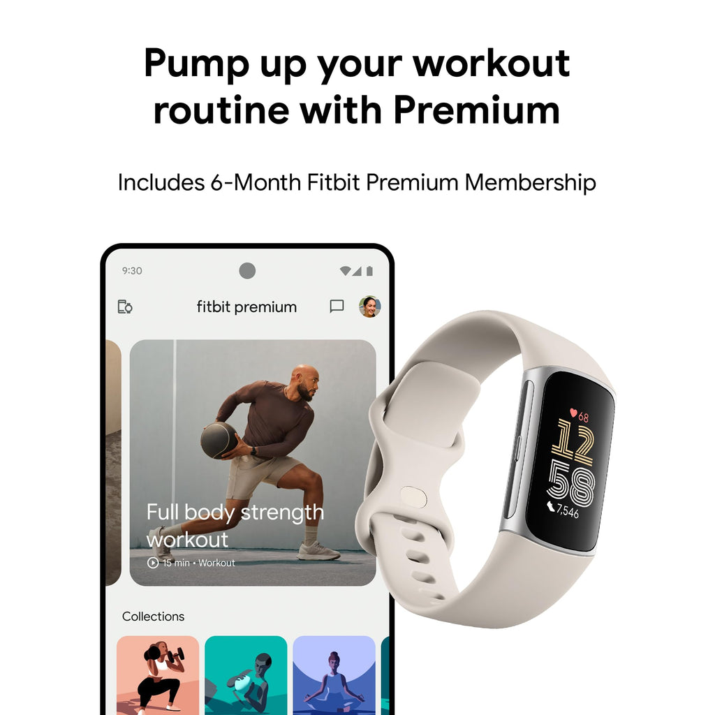 Fitbit Charge 6 Fitness Tracker with Google apps, Heart Rate on Exercise Equipment, 6-Months Premium Membership Included, GPS, Health Tools and More, Gold/Coral, One Size (S & L Bands Included)