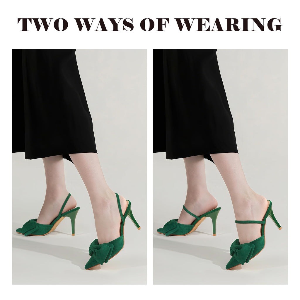 Women's Closed Pointed Toe Slingback Pumps with Big Bow Elastic Strap 3.5 Inch Stiletto Heels Dress Shoes