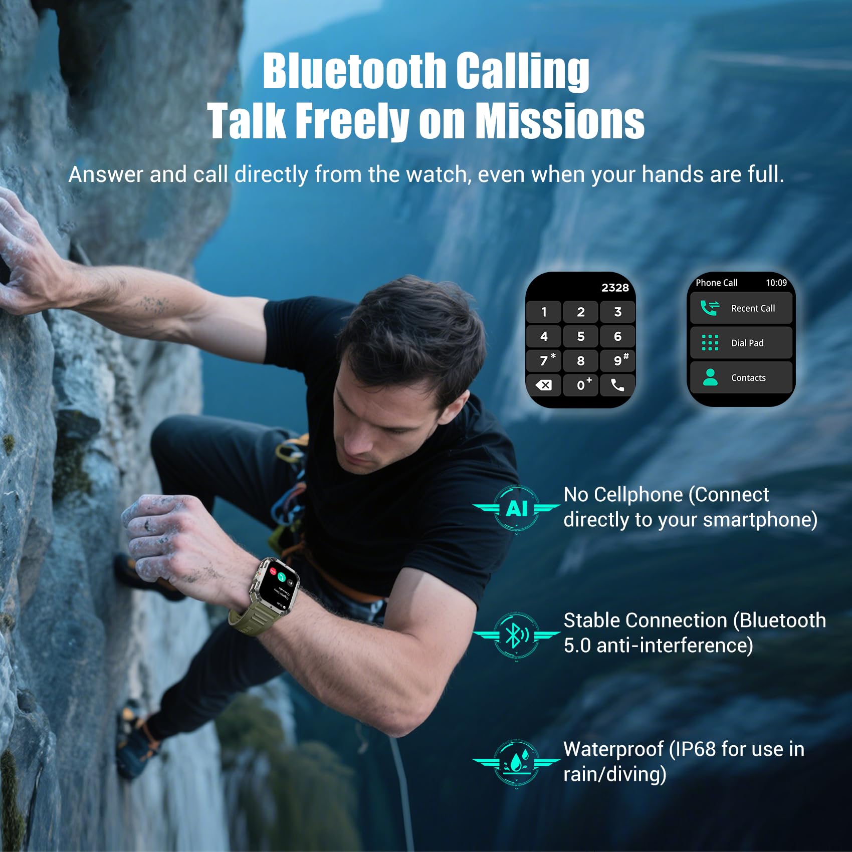 Military Tactical Smart Watches for Men, 100-Day Battery Rugged Fitness Watch with Compass & Flashlight, Sports Watch for Android with 2.01" HD Display AI Voice, IP68 Waterproof Smartwatch (Black)