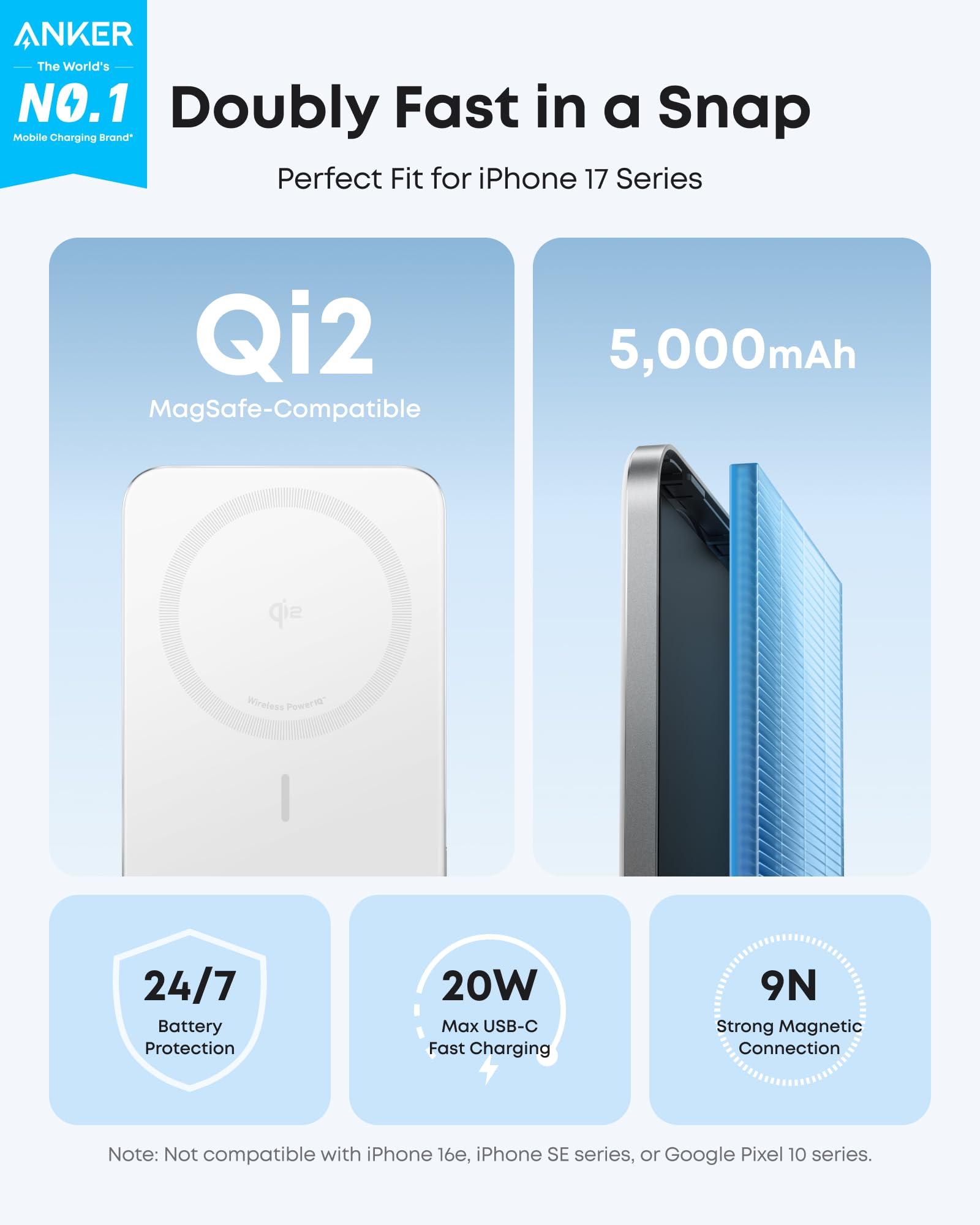 Magnetic Qi2 Power Bank 5000mAh, 15W MagSafe, for iPhone