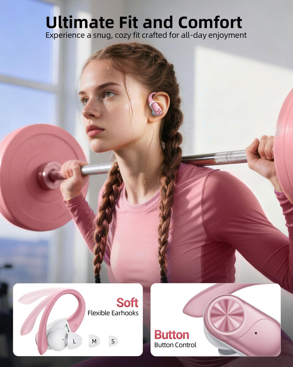 PocBuds Bluetooth Headphones Wireless Earbuds 80hrs Playtime Wireless Charging Case Digital Display Sports Ear Buds with Earhook Deep Bass IPX7 Waterproof Over-Ear Earphones for TV Phone Laptop Black