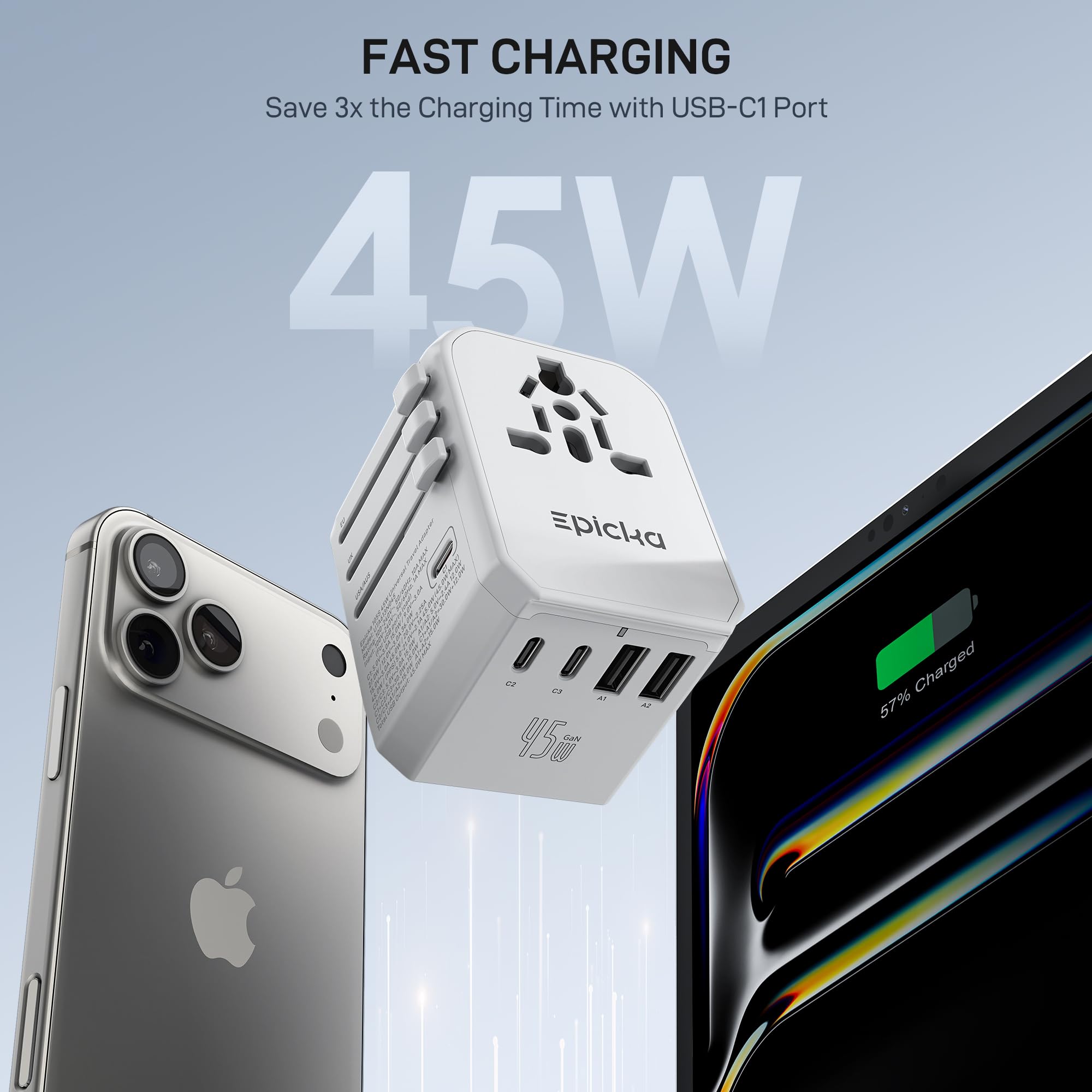 EPICKA Universal Travel Adapter GaN 45W, European Travel Plug Adapter with PD&QC Fast Charging(2 USB-A & 3 USB-C Ports) - Worldwide Travel Essentials, International Power Adapter for UK/US/AU (Black)