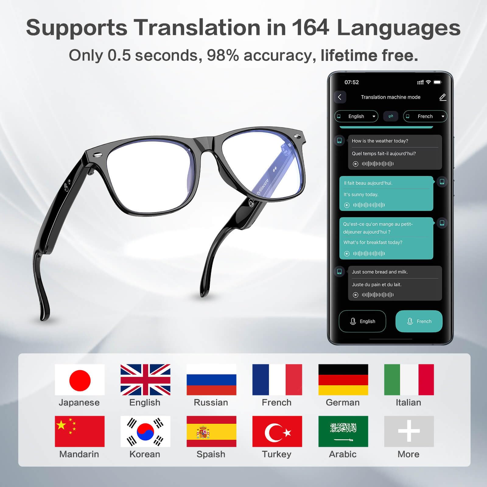 AI Smart Glasses with Chat GPT, AI Translation Glasses with 164 Language, Classic Aviator Sunglasses with Voice Assistant/AI Calling, IP65 Waterproof, Multifunctional Smart Glasses for Men Women
