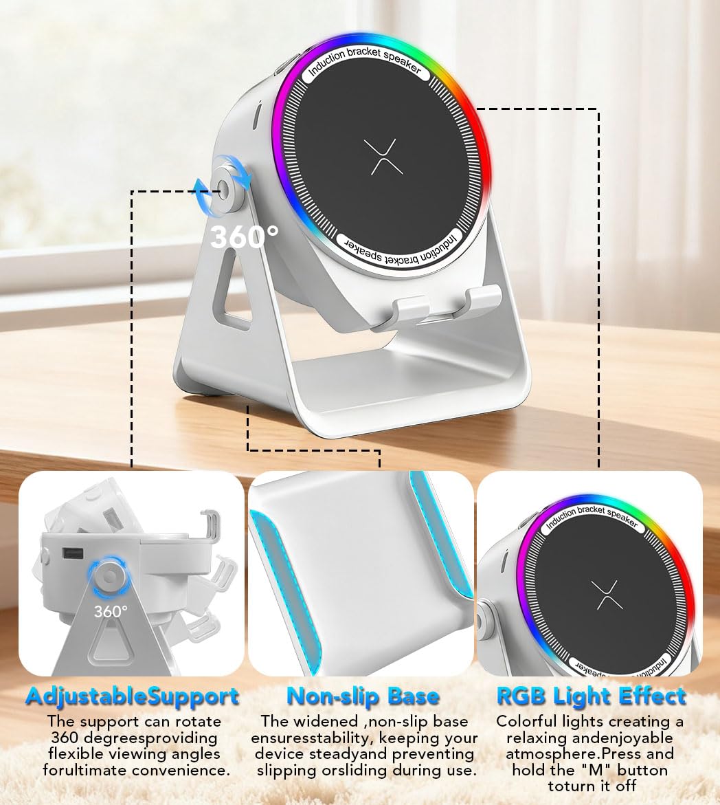 Bluetooth Speaker, 4-in-1 Wireless Induction Speaker & RGB Light Stand Multi-Functional Phone Stand Instant-Connect Stereo Sound, 360° Adjustable Holder for iPhone/Android/iPad/Samsung (Black)