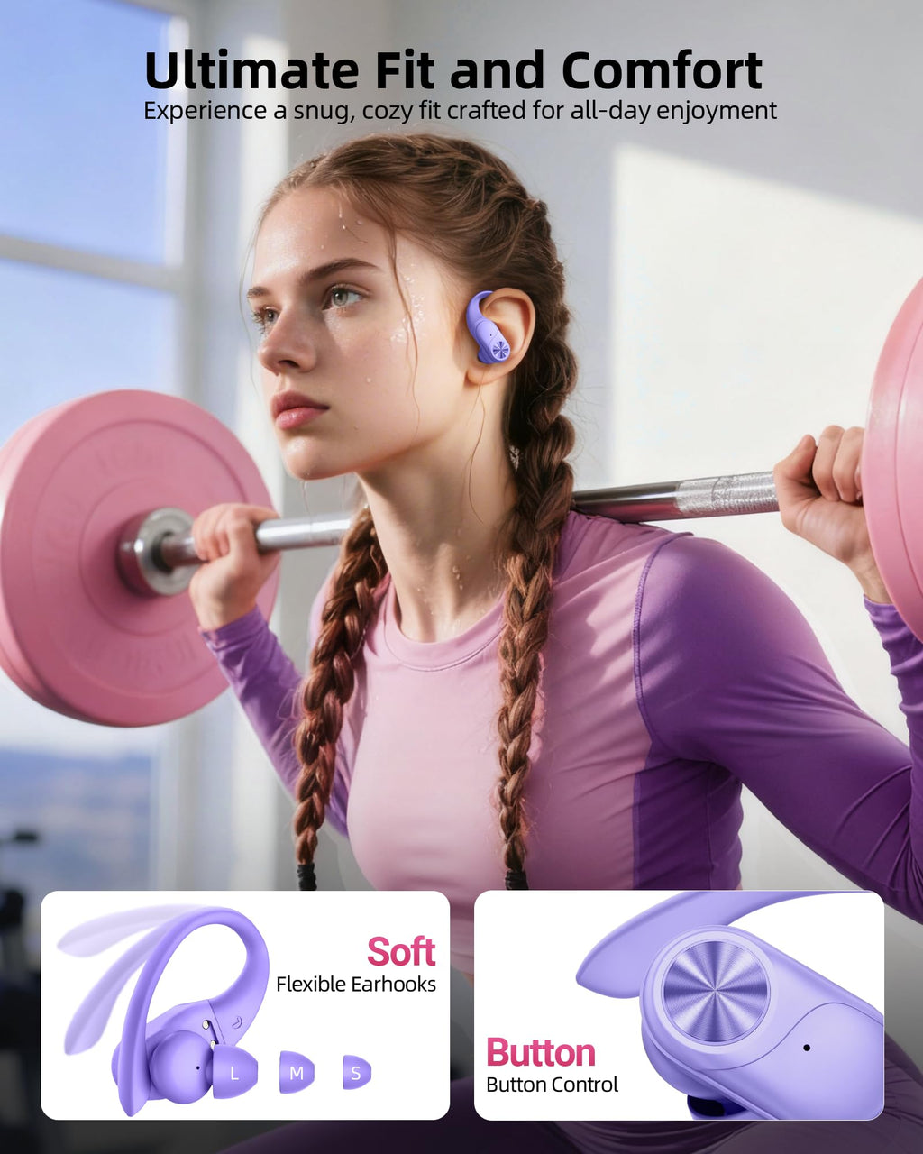 PocBuds Bluetooth Headphones Wireless Earbuds 80hrs Playtime Wireless Charging Case Digital Display Sports Ear Buds with Earhook Deep Bass IPX7 Waterproof Over-Ear Earphones for TV Phone Laptop Black