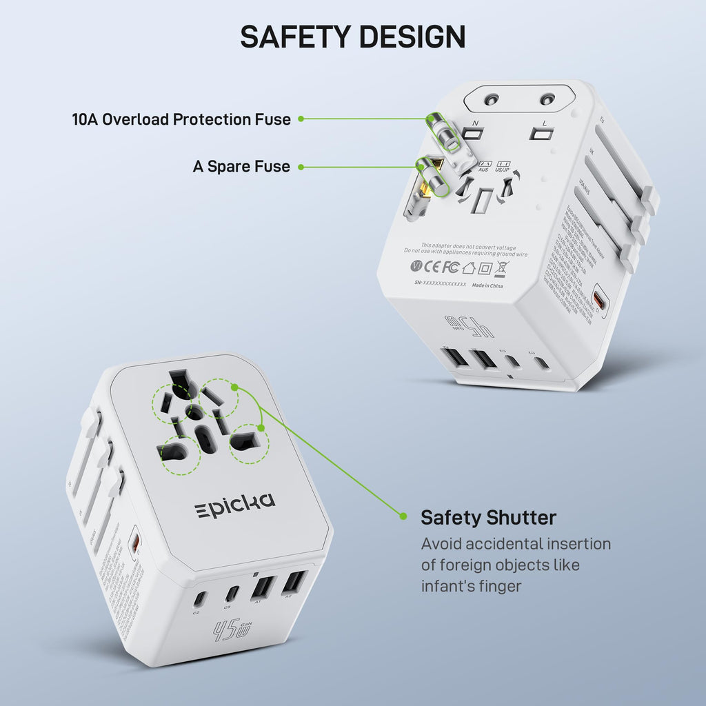 EPICKA Universal Travel Adapter GaN 45W, European Travel Plug Adapter with PD&QC Fast Charging(2 USB-A & 3 USB-C Ports) - Worldwide Travel Essentials, International Power Adapter for UK/US/AU (Black)