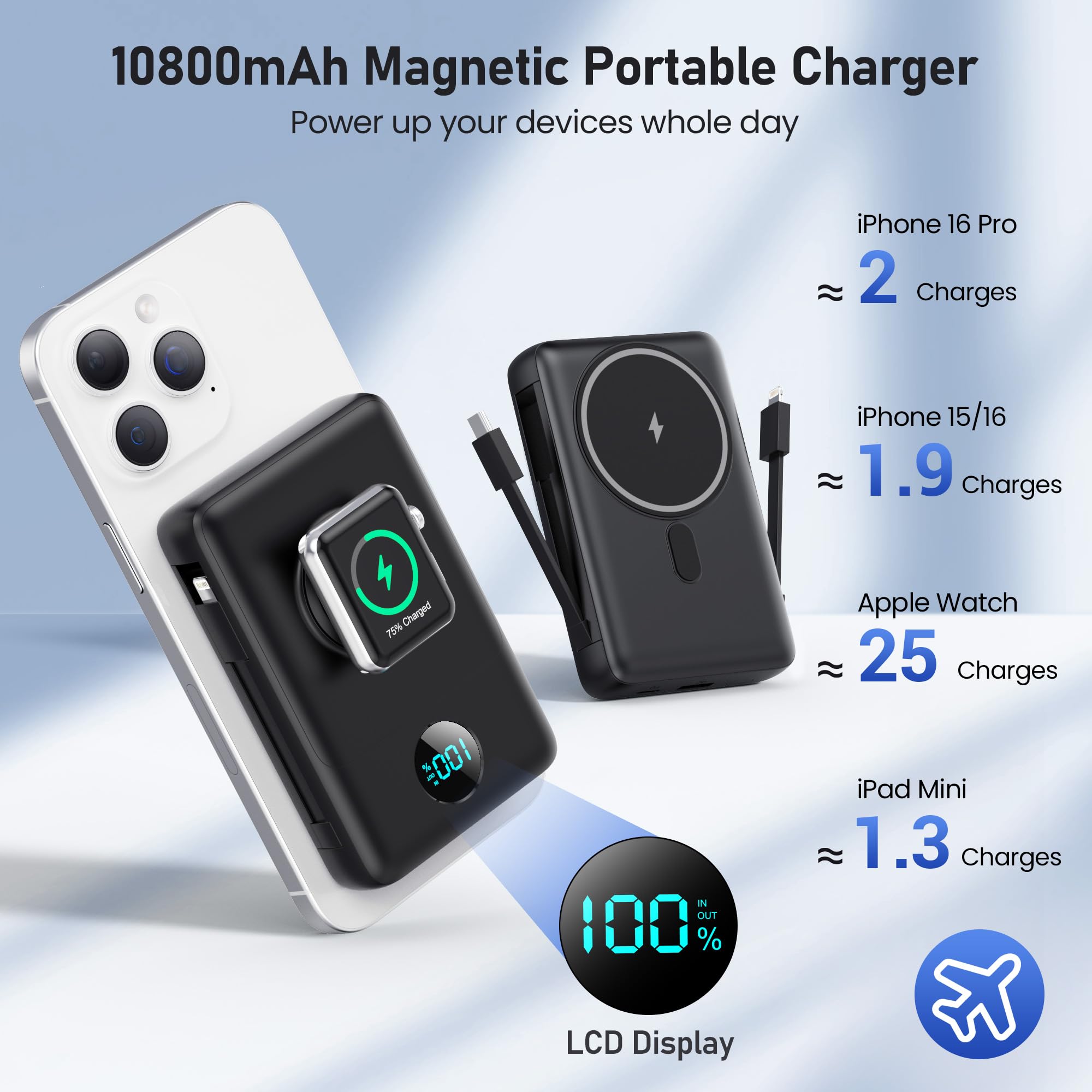 Magnetic Portable Charger for MagSafe with Built-in Cable, iWatch Charger,10800mAh Wireless Power Bank Travel Essentials,25W PD Fast Charging Battery Pack for iPhone 17/16/15/14/13 Series,Apple Watch