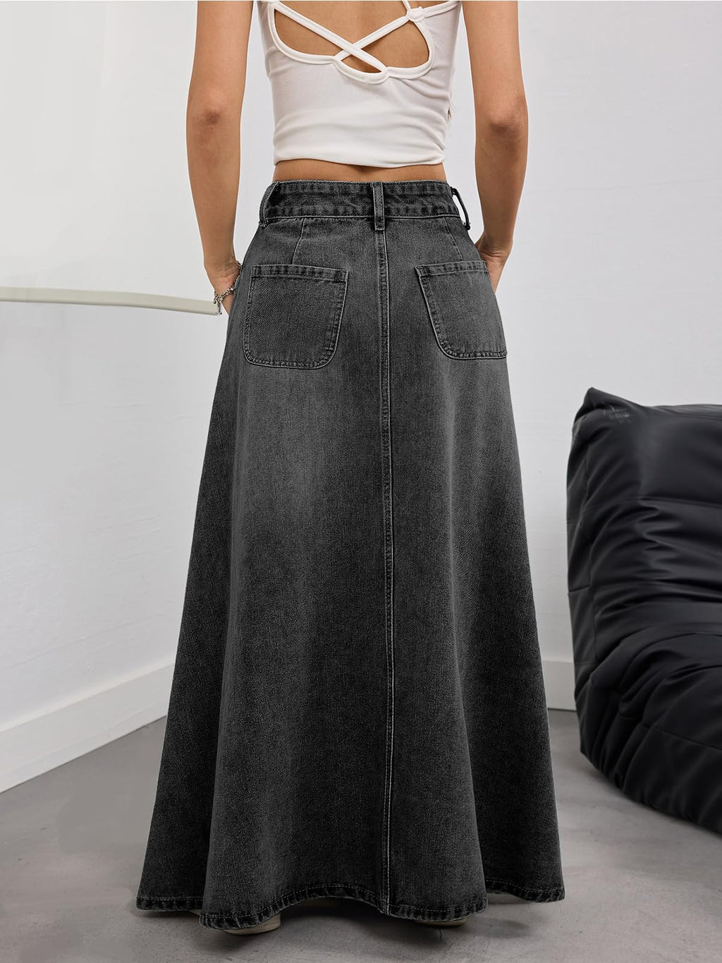 ebossy Women's Vintage Mid-Rise Multi-Pockets Flared Long Jean Skirts Pleated Flowy Swing A-line Denim Maxi Skirts