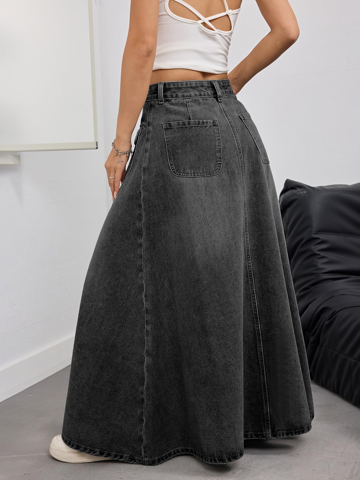ebossy Women's Vintage Mid-Rise Multi-Pockets Flared Long Jean Skirts Pleated Flowy Swing A-line Denim Maxi Skirts