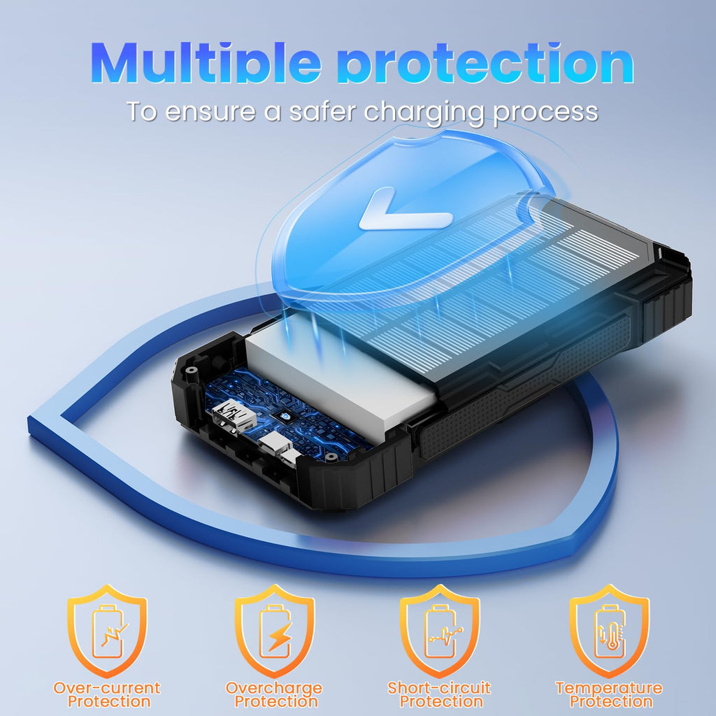 Solar Power Bank 49800mAh - Wireless Portable Charger 15W Fast Charging with 4 Built-in Cables. Equipped with a Powerful Flashlight, IP65 Outdoor Waterproof Power Bank Perfect for Camping, Hiking