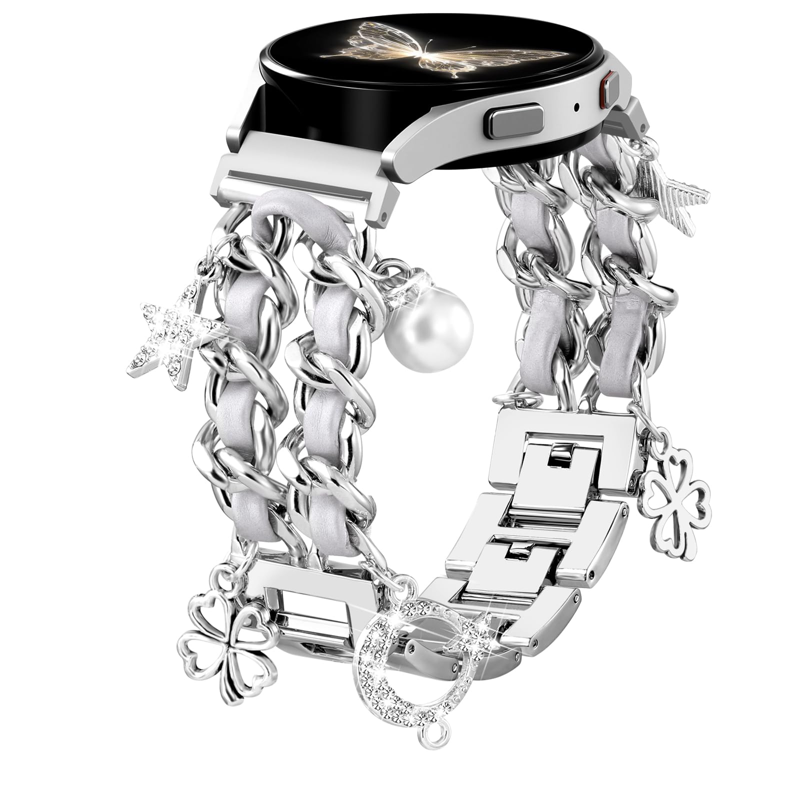 Stylish Metal Band Compatible with Samsung Galaxy Watch 7 Band/FE 6 5 4 40mm 44mm,Galaxy Active 2, 20mm Watch Strap Pretty Chain with Cute Decorative Charms Accessories for Samsung Watch Bands Women