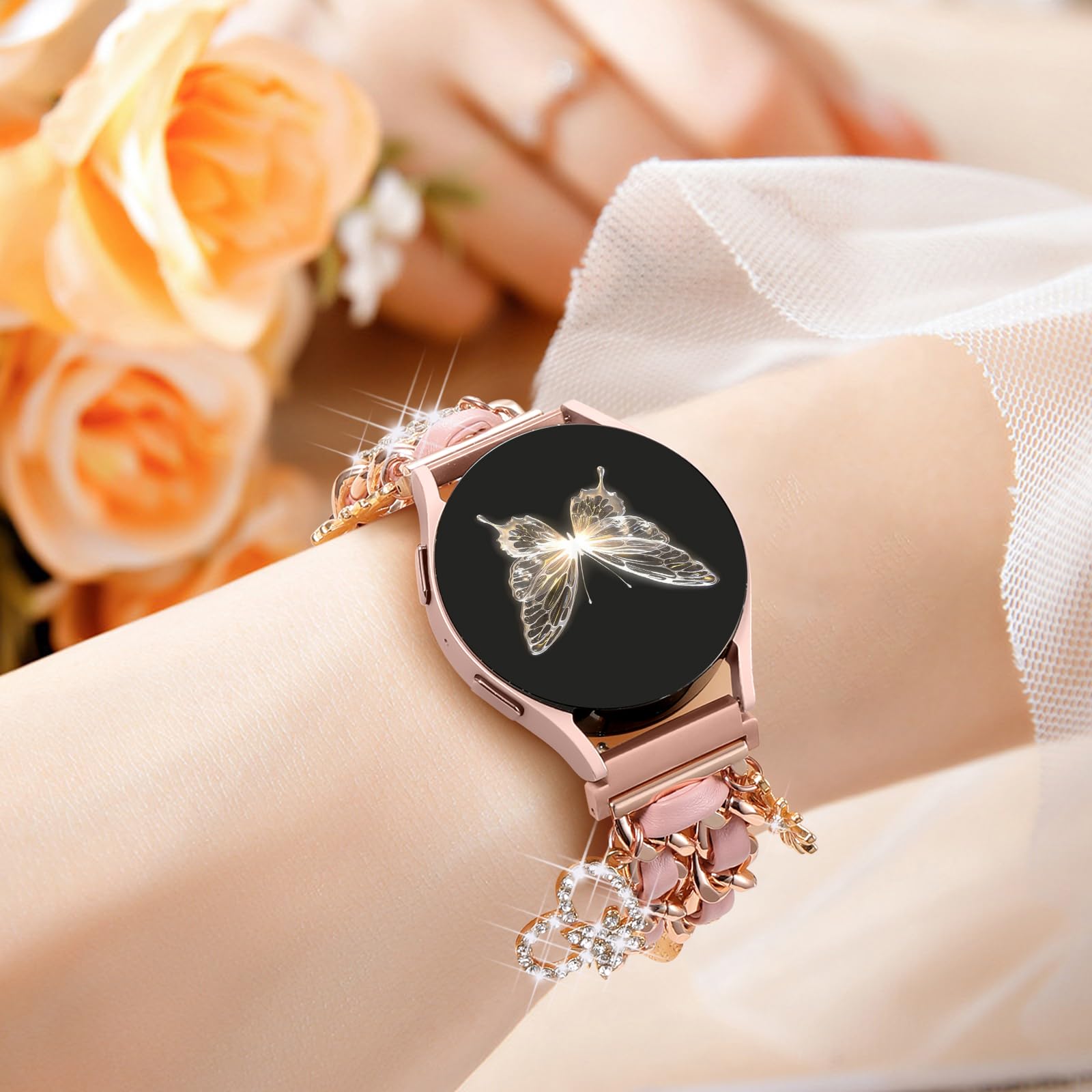 Stylish Metal Band Compatible with Samsung Galaxy Watch 7 Band/FE 6 5 4 40mm 44mm,Galaxy Active 2, 20mm Watch Strap Pretty Chain with Cute Decorative Charms Accessories for Samsung Watch Bands Women