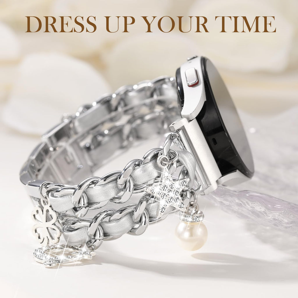 Stylish Metal Band Compatible with Samsung Galaxy Watch 7 Band/FE 6 5 4 40mm 44mm,Galaxy Active 2, 20mm Watch Strap Pretty Chain with Cute Decorative Charms Accessories for Samsung Watch Bands Women