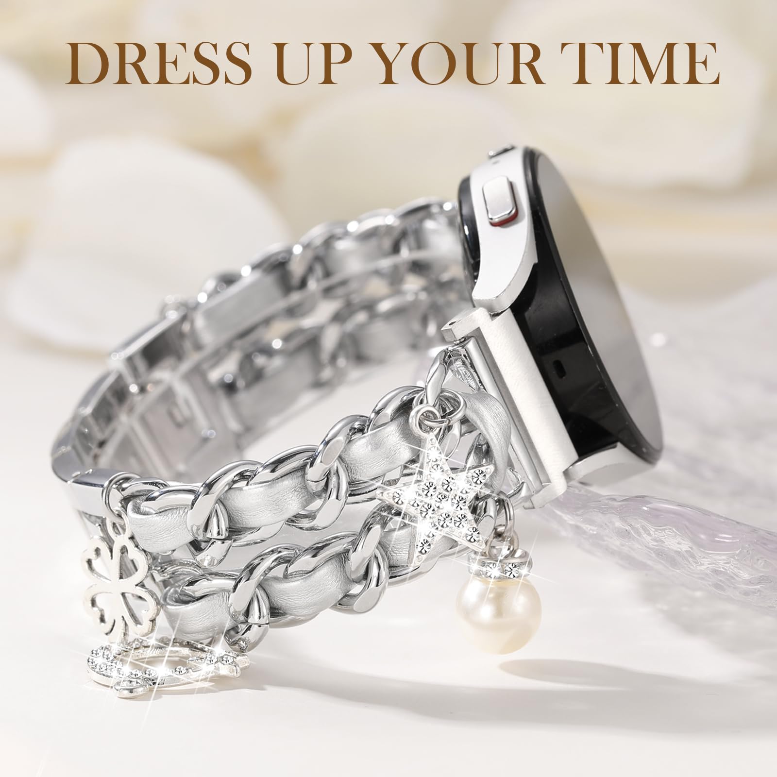 Stylish Metal Band Compatible with Samsung Galaxy Watch 7 Band/FE 6 5 4 40mm 44mm,Galaxy Active 2, 20mm Watch Strap Pretty Chain with Cute Decorative Charms Accessories for Samsung Watch Bands Women