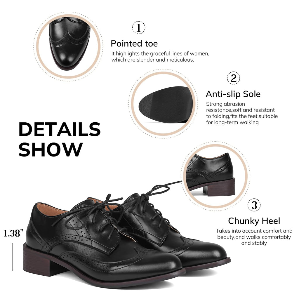 Women Black Oxfords Lace Up Pointed Toe Classic Business Formal Wingtip Brogue Dressy Shoes