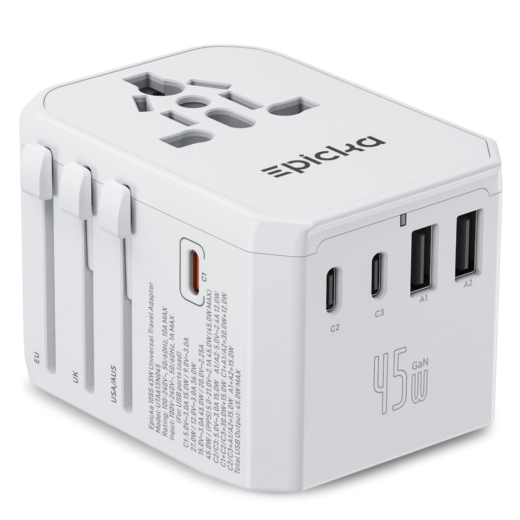 EPICKA Universal Travel Adapter GaN 45W, European Travel Plug Adapter with PD&QC Fast Charging(2 USB-A & 3 USB-C Ports) - Worldwide Travel Essentials, International Power Adapter for UK/US/AU (Black)