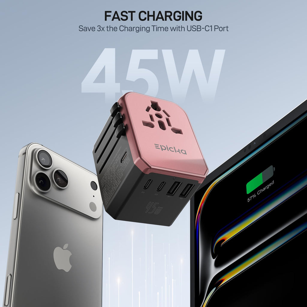 EPICKA Universal Travel Adapter GaN 45W, European Travel Plug Adapter with PD&QC Fast Charging(2 USB-A & 3 USB-C Ports) - Worldwide Travel Essentials, International Power Adapter for UK/US/AU (Black)