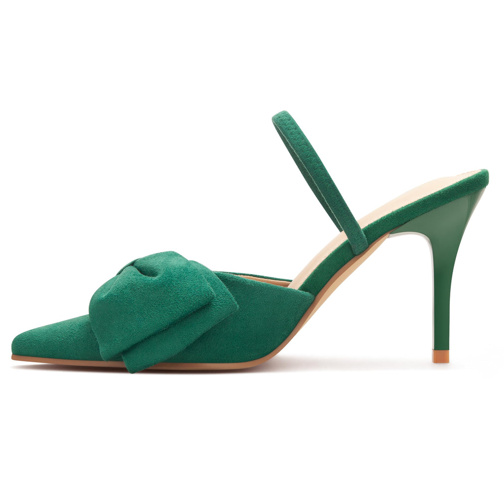 Women's Closed Pointed Toe Slingback Pumps with Big Bow Elastic Strap 3.5 Inch Stiletto Heels Dress Shoes