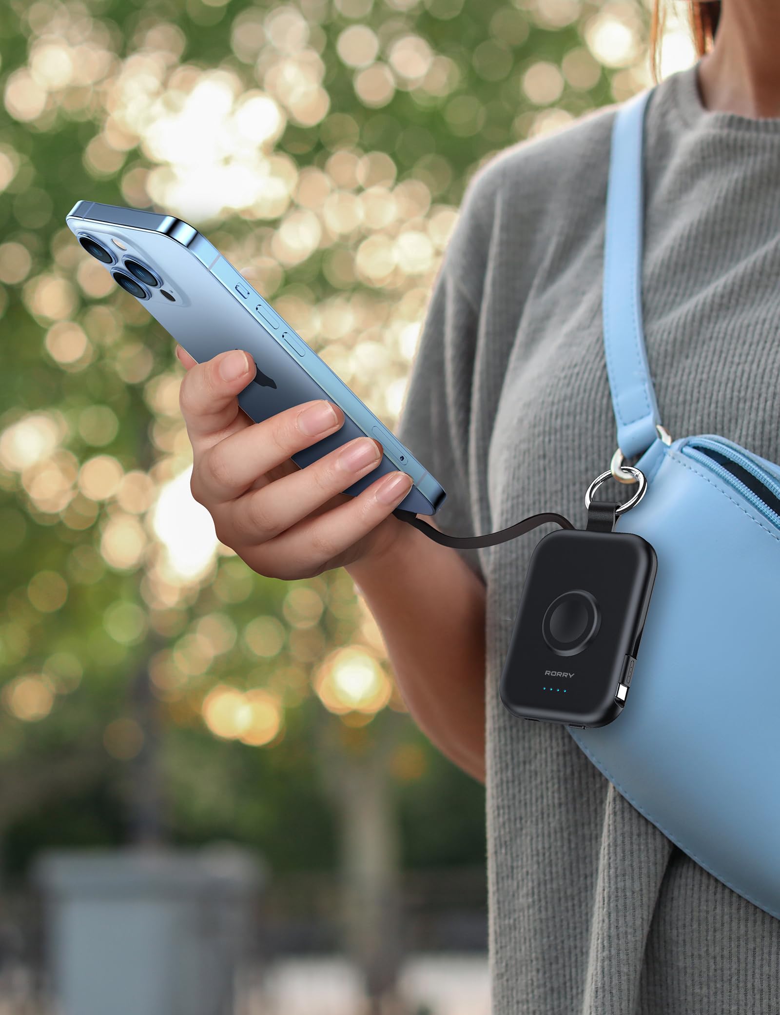 RORRY Portable Charger, 5000mAh Portable Charger Power Bank with Built-in Cables, Travel Keychain Battery Pack for Apple Watch Ultra/11/10/9/8/7/6/SE, iPhone Air/17/16/15/14/13/12, Confetti-Purple