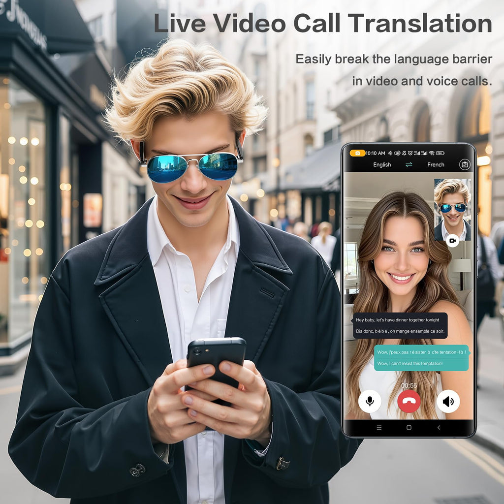 AI Smart Glasses with Chat GPT, AI Translation Glasses with 164 Language, Classic Aviator Sunglasses with Voice Assistant/AI Calling, IP65 Waterproof, Multifunctional Smart Glasses for Men Women
