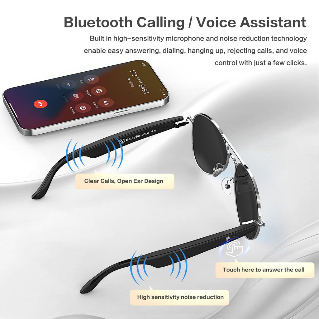 AI Smart Glasses with Chat GPT, AI Translation Glasses with 164 Language, Classic Aviator Sunglasses with Voice Assistant/AI Calling, IP65 Waterproof, Multifunctional Smart Glasses for Men Women