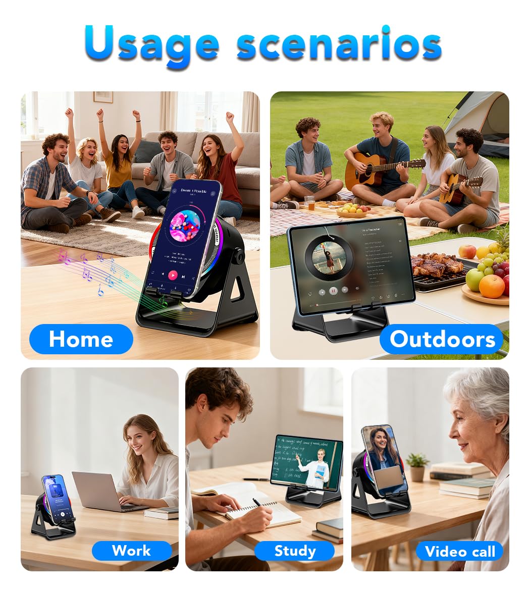 Bluetooth Speaker, 4-in-1 Wireless Induction Speaker & RGB Light Stand Multi-Functional Phone Stand Instant-Connect Stereo Sound, 360° Adjustable Holder for iPhone/Android/iPad/Samsung (Black)