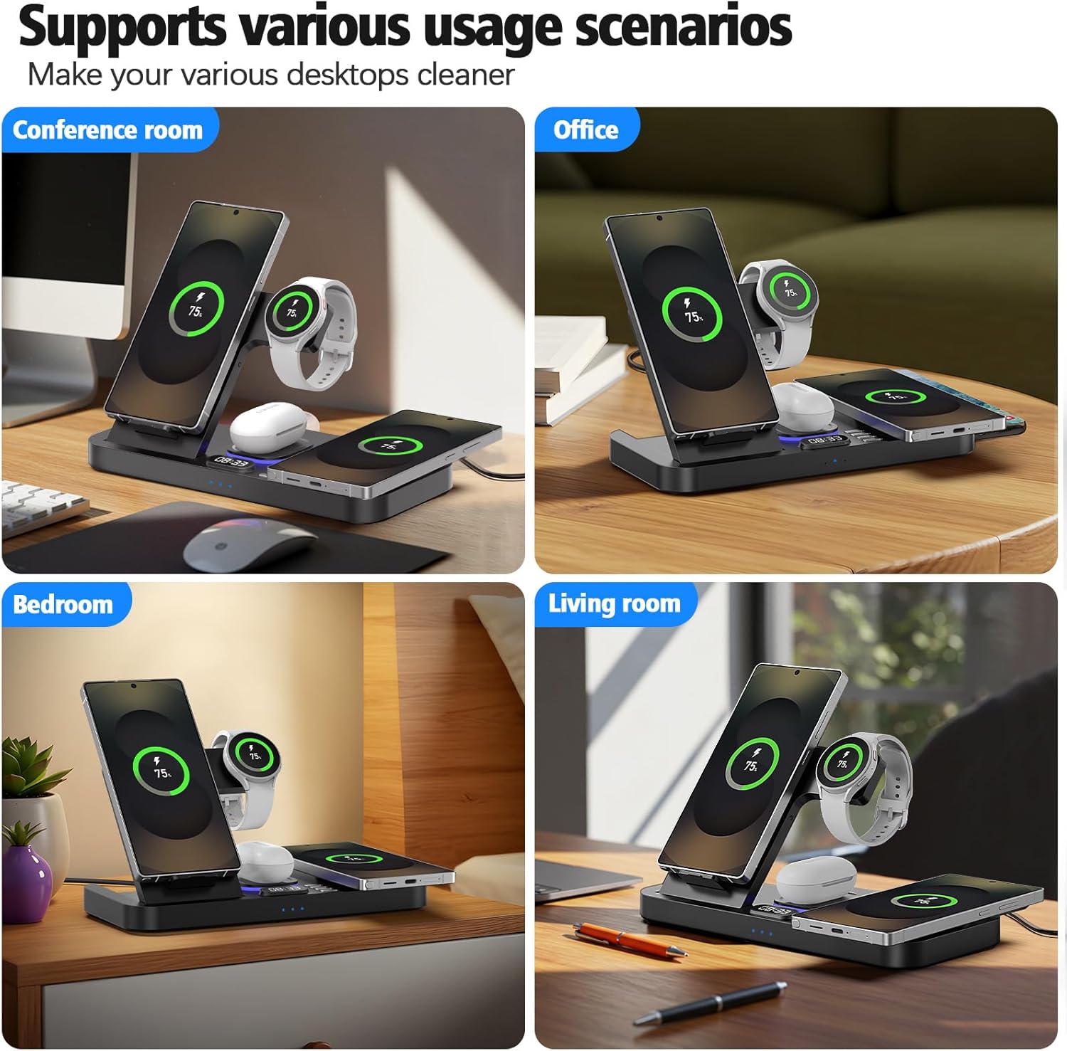2026 Magnetic Wireless Charger for Samsung, 6 in 1 Charging Station,30W Dual Wireless Charger Phone with Clock & 7-Color Night Light,for Samsung S25,for Galaxy Buds for Samsung Galaxy Watch