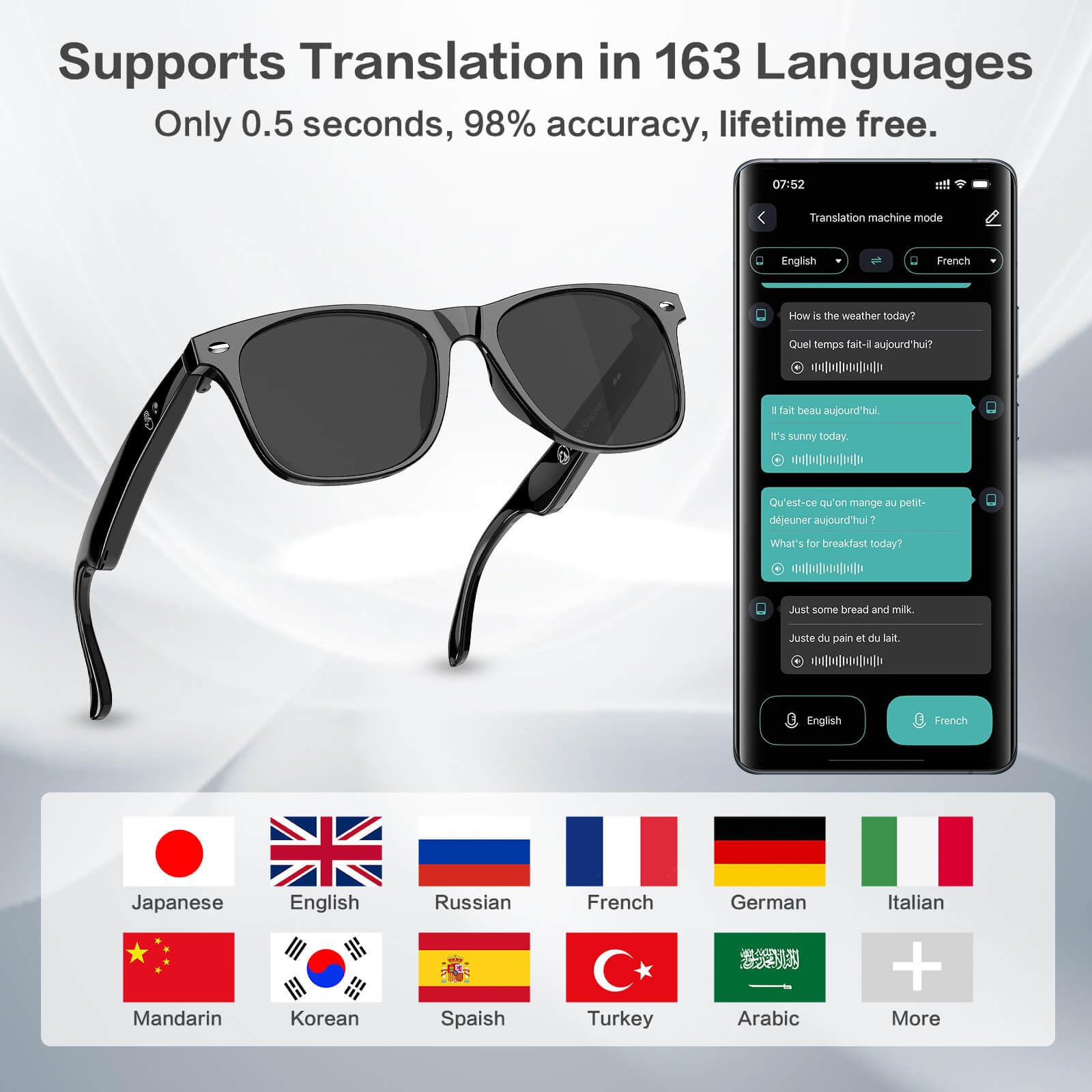 AI Smart Glasses with Chat GPT, AI Translation Glasses with 164 Language, Classic Aviator Sunglasses with Voice Assistant/AI Calling, IP65 Waterproof, Multifunctional Smart Glasses for Men Women