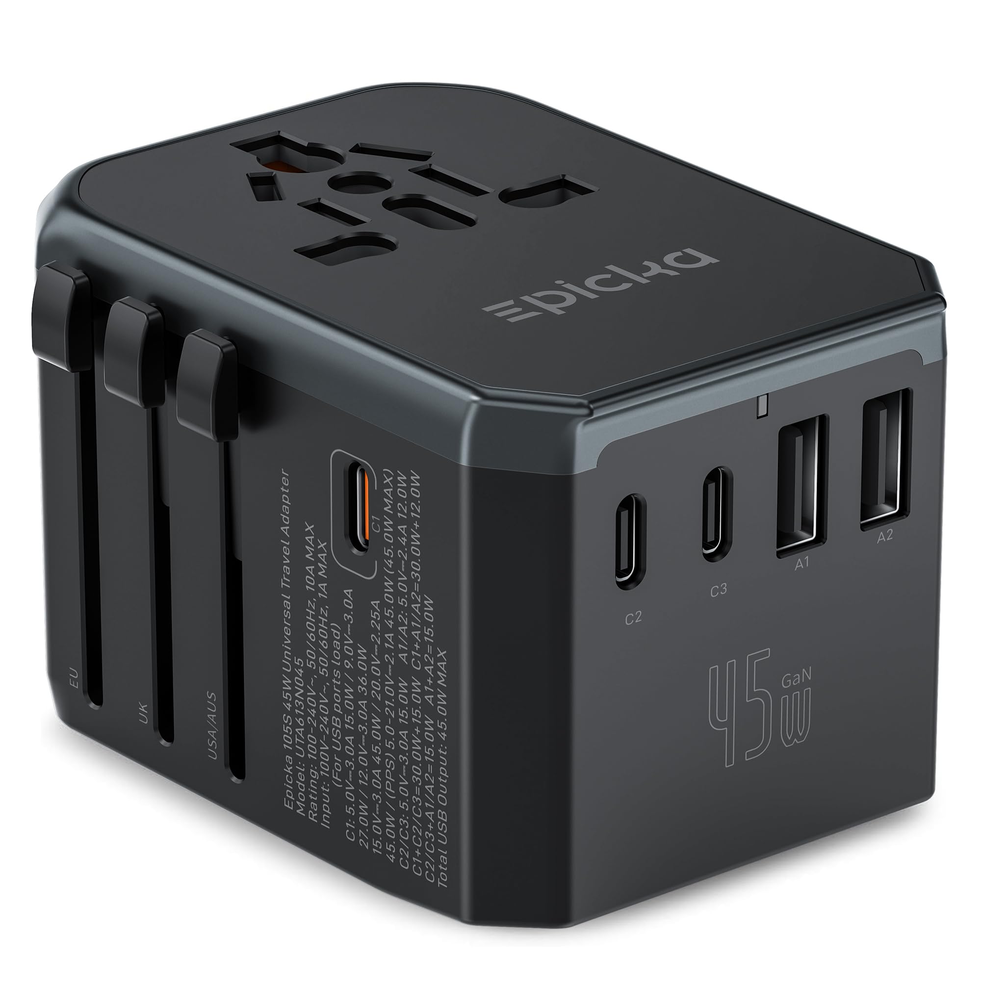 Black travel adapter with multiple ports on a white background
