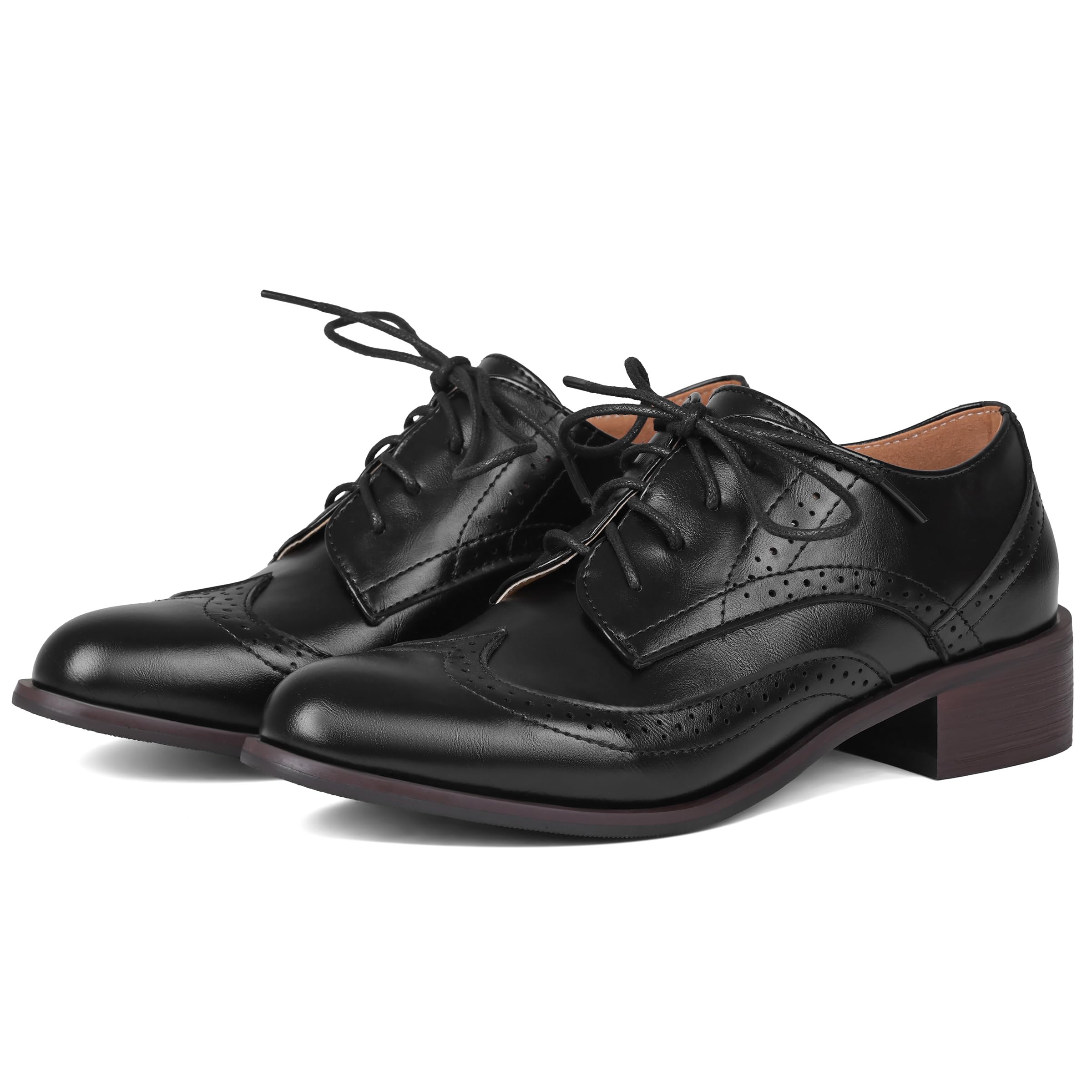 Women Black Oxfords Lace Up Pointed Toe Classic Business Formal Wingtip Brogue Dressy Shoes