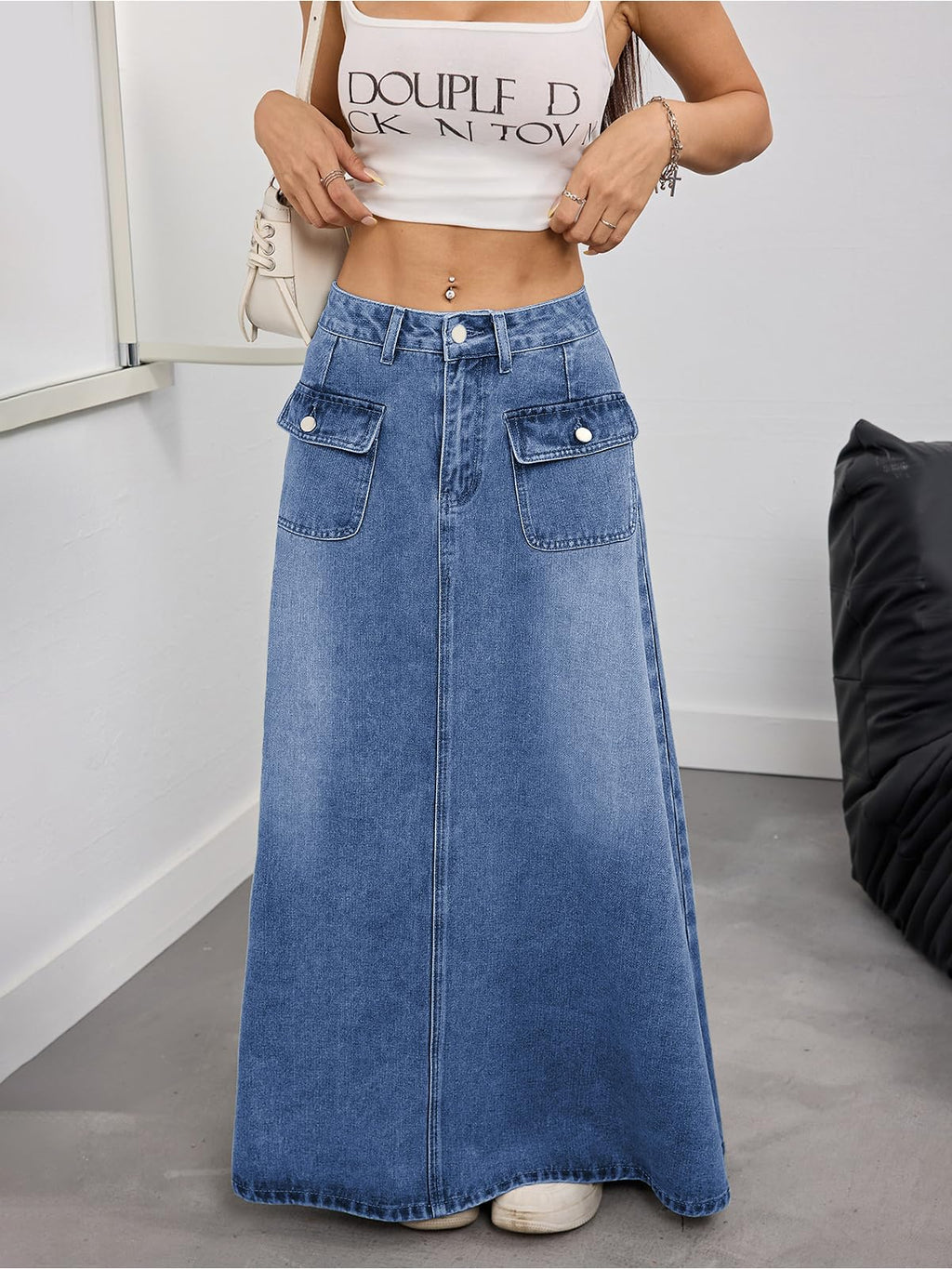 ebossy Women's Vintage Mid-Rise Multi-Pockets Flared Long Jean Skirts Pleated Flowy Swing A-line Denim Maxi Skirts