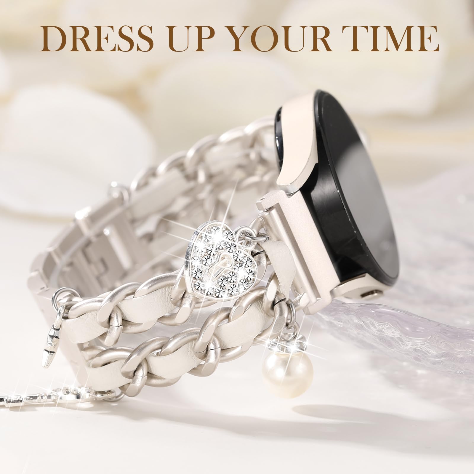 Stylish Metal Band Compatible with Samsung Galaxy Watch 7 Band/FE 6 5 4 40mm 44mm,Galaxy Active 2, 20mm Watch Strap Pretty Chain with Cute Decorative Charms Accessories for Samsung Watch Bands Women