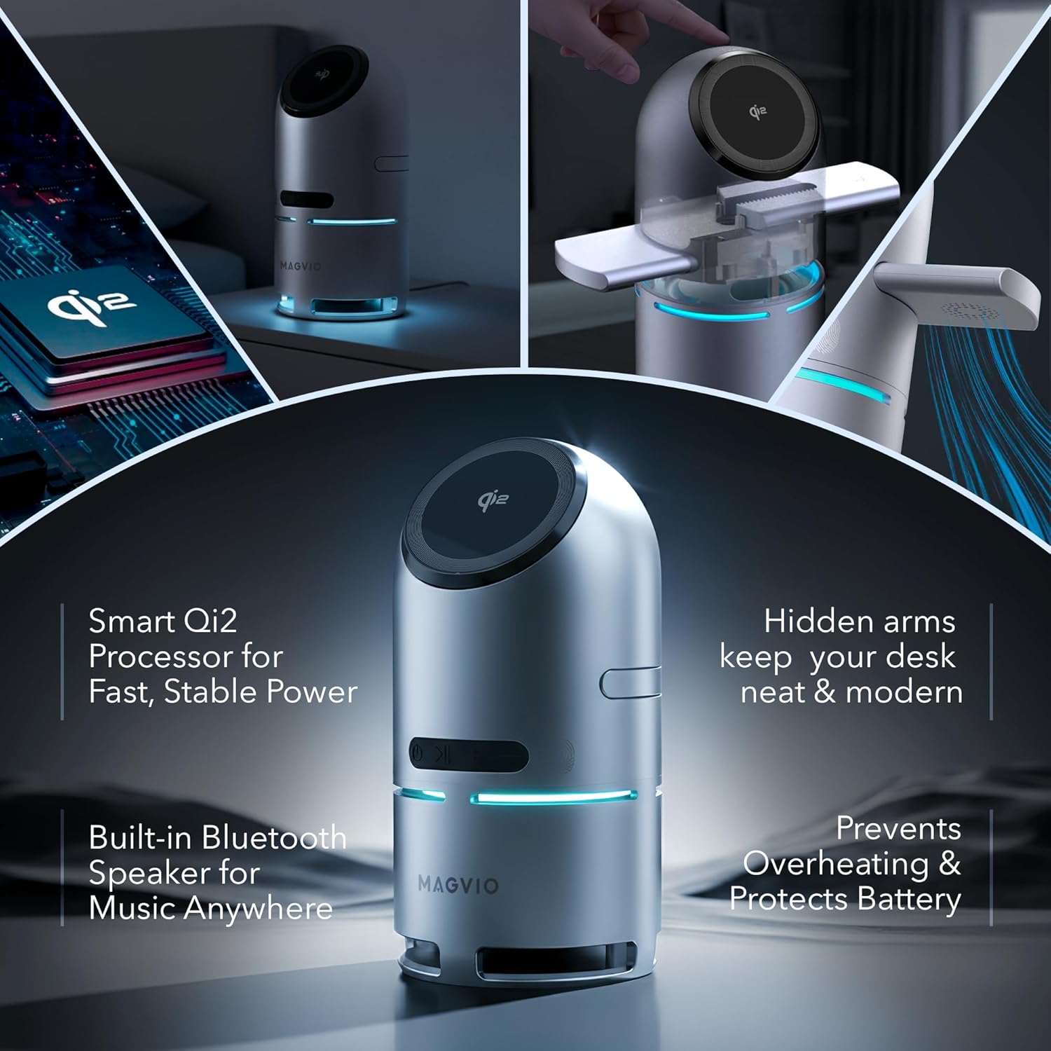 3 in 1 Mag-Safe Charging Station with Bluetooth Speaker, Auto-Rotating Magnetic Stand, 15W Qi2 Fast Wireless Charger for iPhone 17/16/15/14/13/12, Apple Watch, AirPods, 30W USB-C Adapter