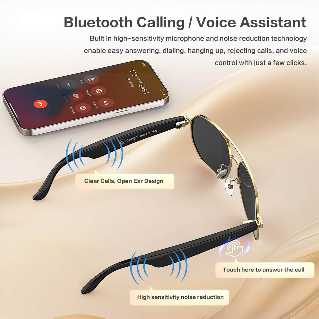 AI Smart Glasses with Chat GPT, AI Translation Glasses with 164 Language, Classic Aviator Sunglasses with Voice Assistant/AI Calling, IP65 Waterproof, Multifunctional Smart Glasses for Men Women