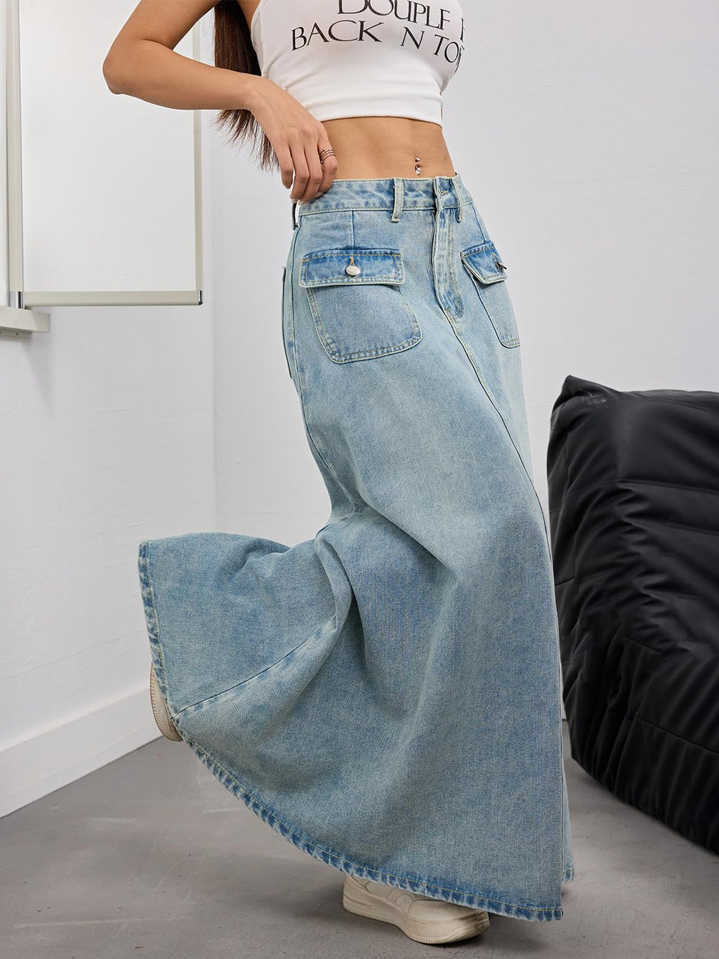 ebossy Women's Vintage Mid-Rise Multi-Pockets Flared Long Jean Skirts Pleated Flowy Swing A-line Denim Maxi Skirts