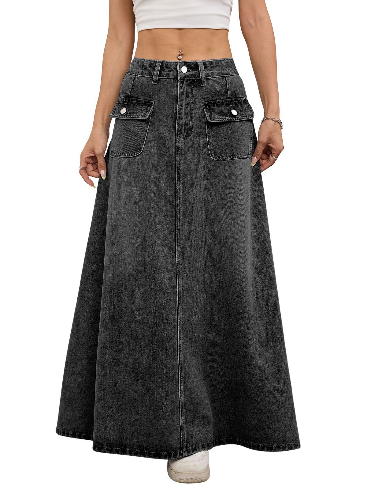 ebossy Women's Vintage Mid-Rise Multi-Pockets Flared Long Jean Skirts Pleated Flowy Swing A-line Denim Maxi Skirts