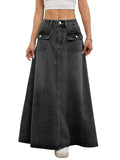 ebossy Women's Vintage Mid-Rise Multi-Pockets Flared Long Jean Skirts Pleated Flowy Swing A-line Denim Maxi Skirts