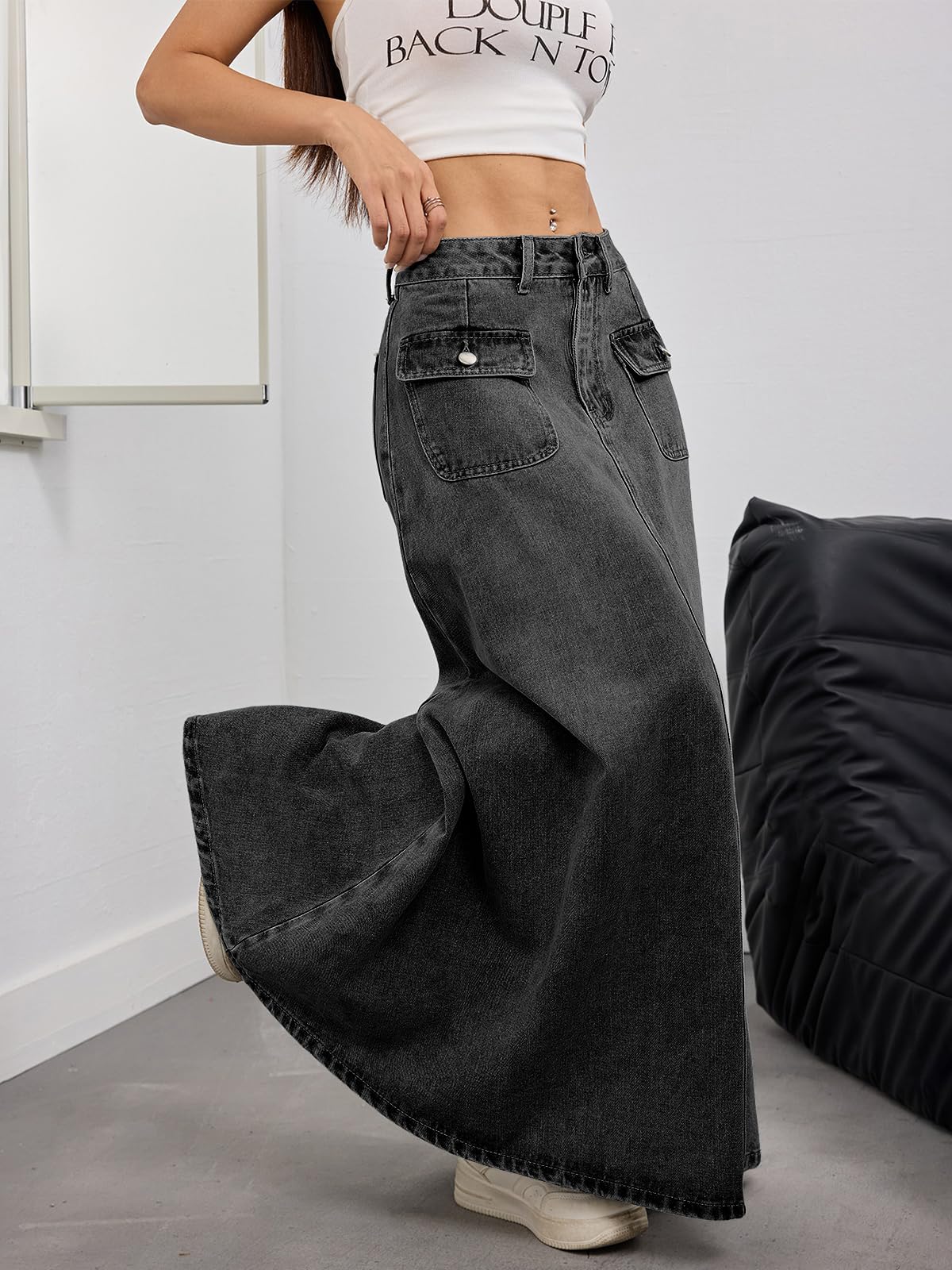 ebossy Women's Vintage Mid-Rise Multi-Pockets Flared Long Jean Skirts Pleated Flowy Swing A-line Denim Maxi Skirts