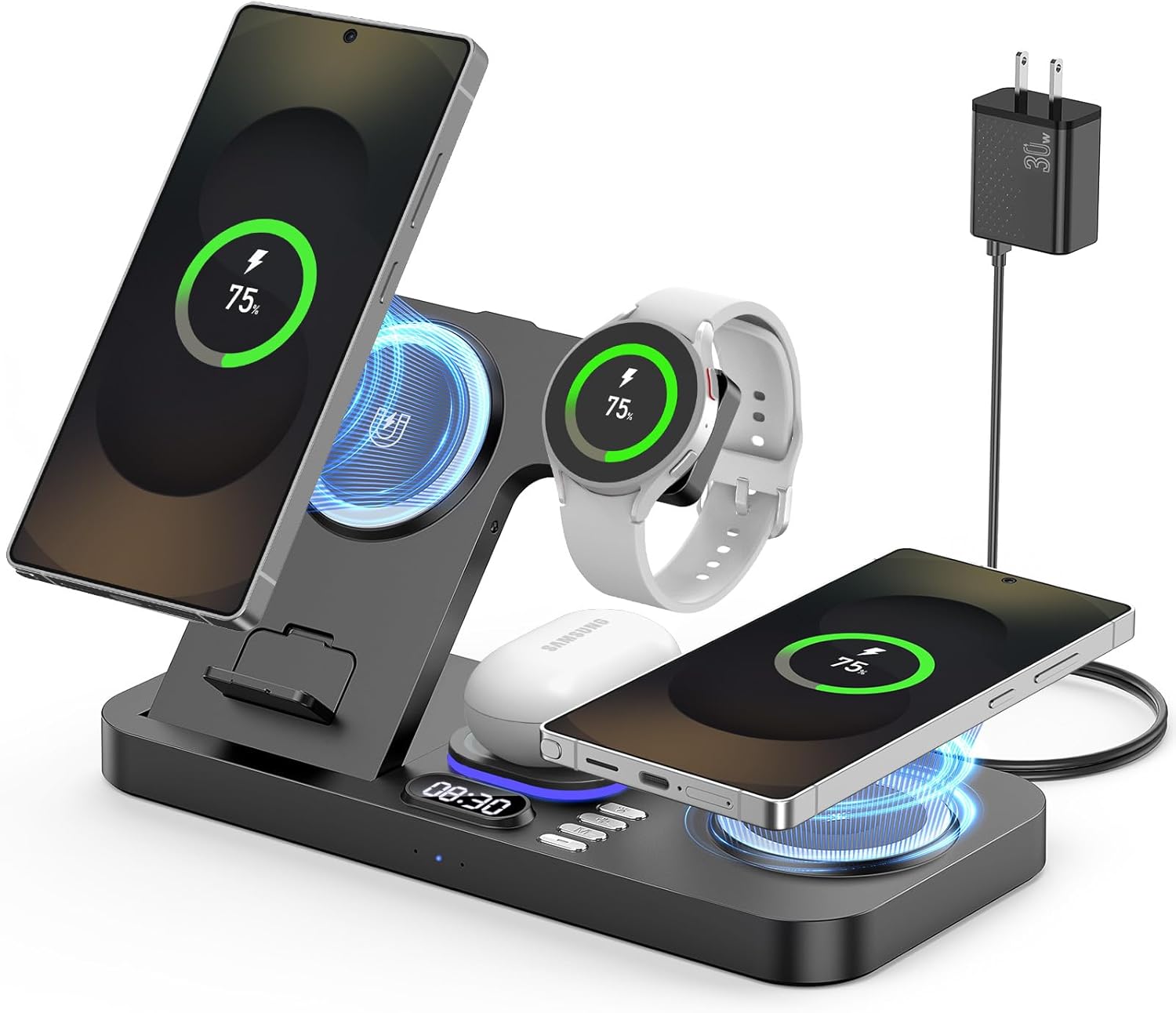 2026 Magnetic Wireless Charger for Samsung, 6 in 1 Charging Station,30W Dual Wireless Charger Phone with Clock & 7-Color Night Light,for Samsung S25,for Galaxy Buds for Samsung Galaxy Watch