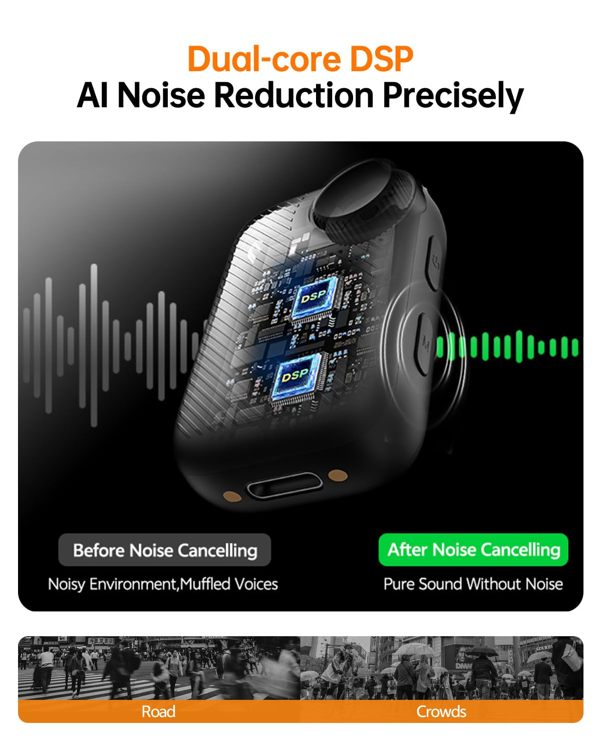 PQRQP Wireless Lavalier Microphone for iPhone/iPad/Android, 164ft Transmission, Mini Microphone with AI Noise Cancellation & Hi-Fi Sound, 24H Charging Case, Mic Ideal for Video Recording, Preamps