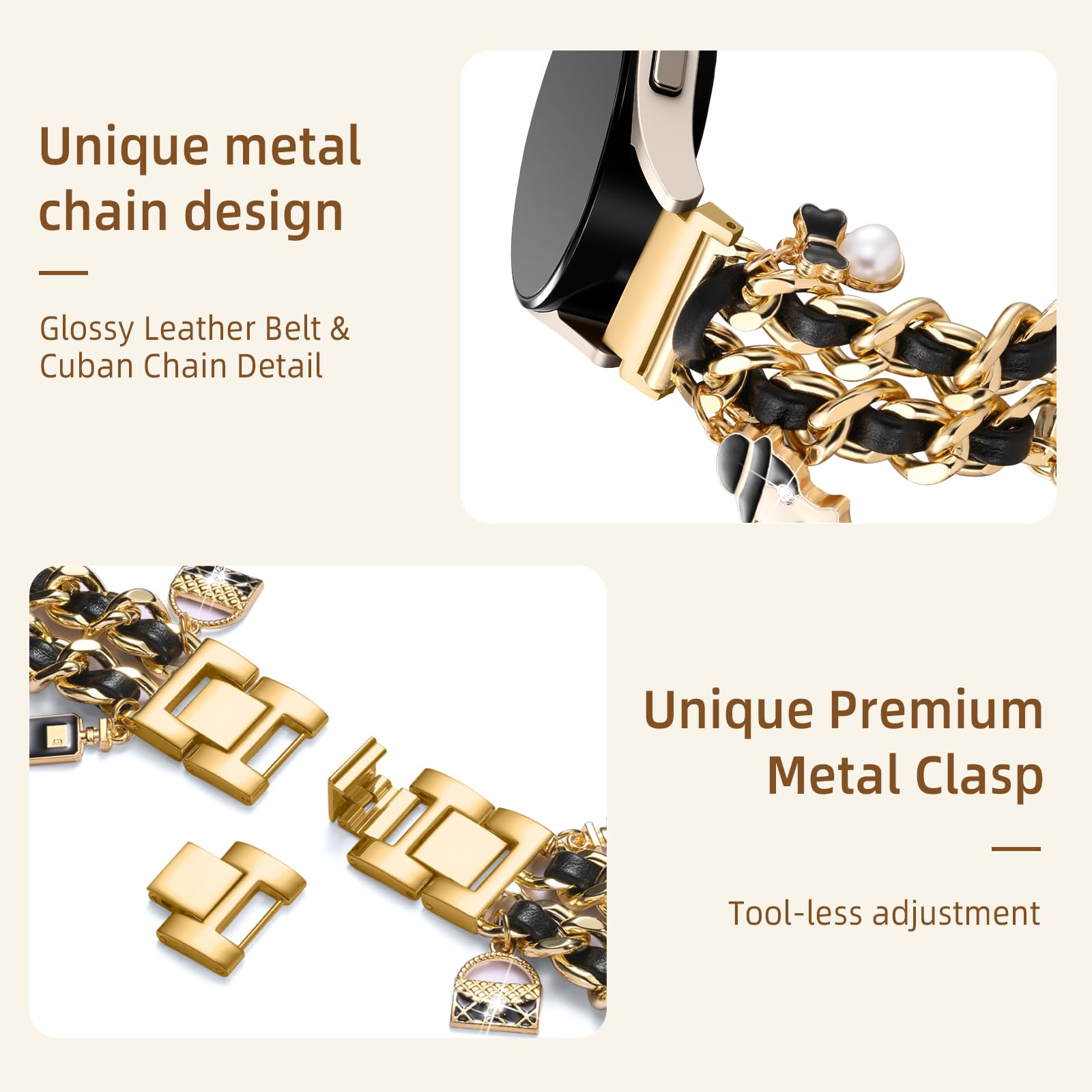Stylish Metal Band Compatible with Samsung Galaxy Watch 7 Band/FE 6 5 4 40mm 44mm,Galaxy Active 2, 20mm Watch Strap Pretty Chain with Cute Decorative Charms Accessories for Samsung Watch Bands Women