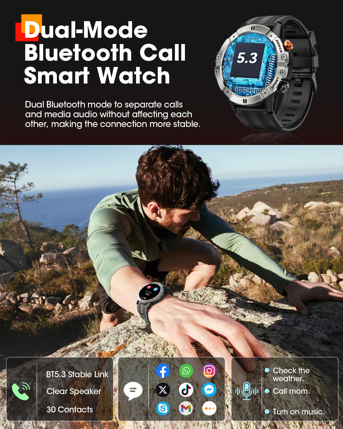 Smart Watches for Men, Bluetooth Call Military Smart Watch, Waterproof Fitness Tracker with Heart Rate/Blood Oxygen/Sleep Monitor/124 Sports Modes, Tactical Watch for Android Phones & iPhone (Black)