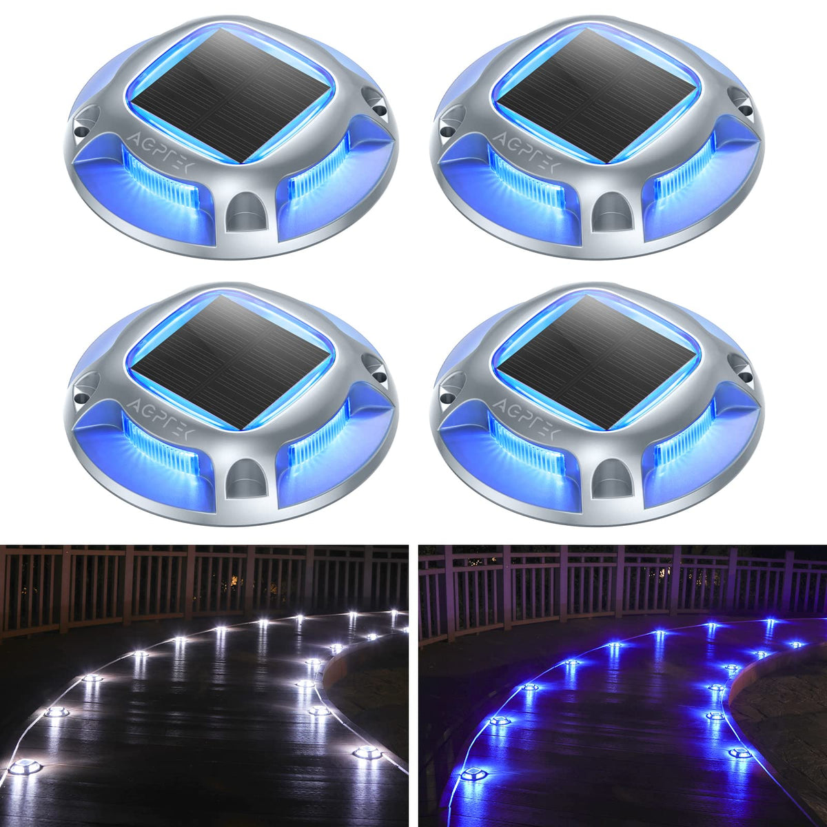 AGPTEK Solar Driveway Lights Outdoor 8 Pack, 2 Color Modes LED Deck Dock