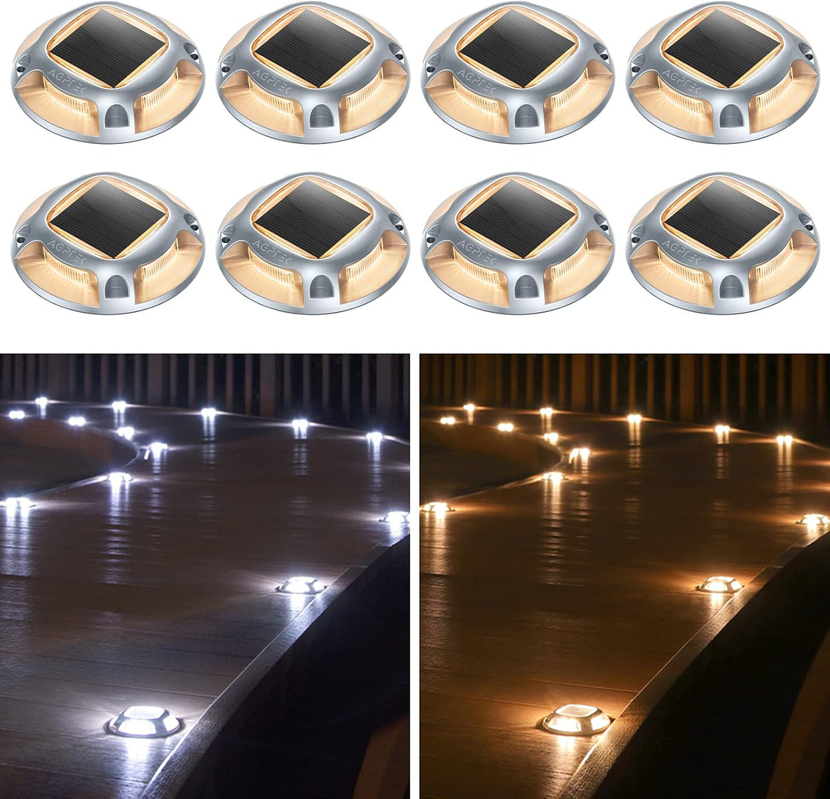 AGPTEK Solar Driveway Lights Outdoor 8 Pack, 2 Color Modes LED Deck Dock