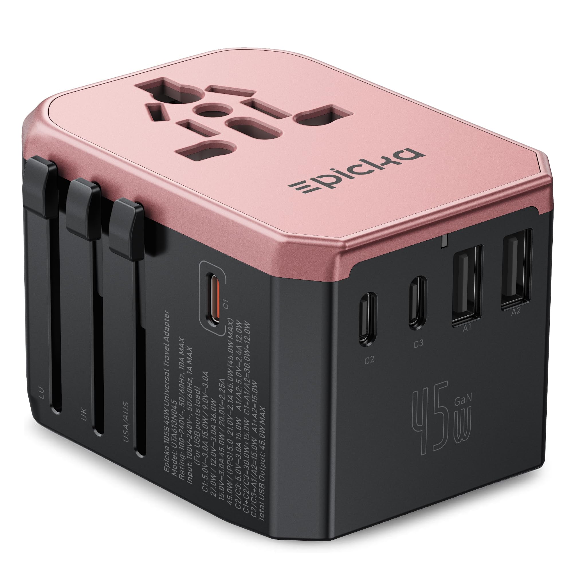 EPICKA Universal Travel Adapter GaN 45W, European Travel Plug Adapter with PD&QC Fast Charging(2 USB-A & 3 USB-C Ports) - Worldwide Travel Essentials, International Power Adapter for UK/US/AU (Black)