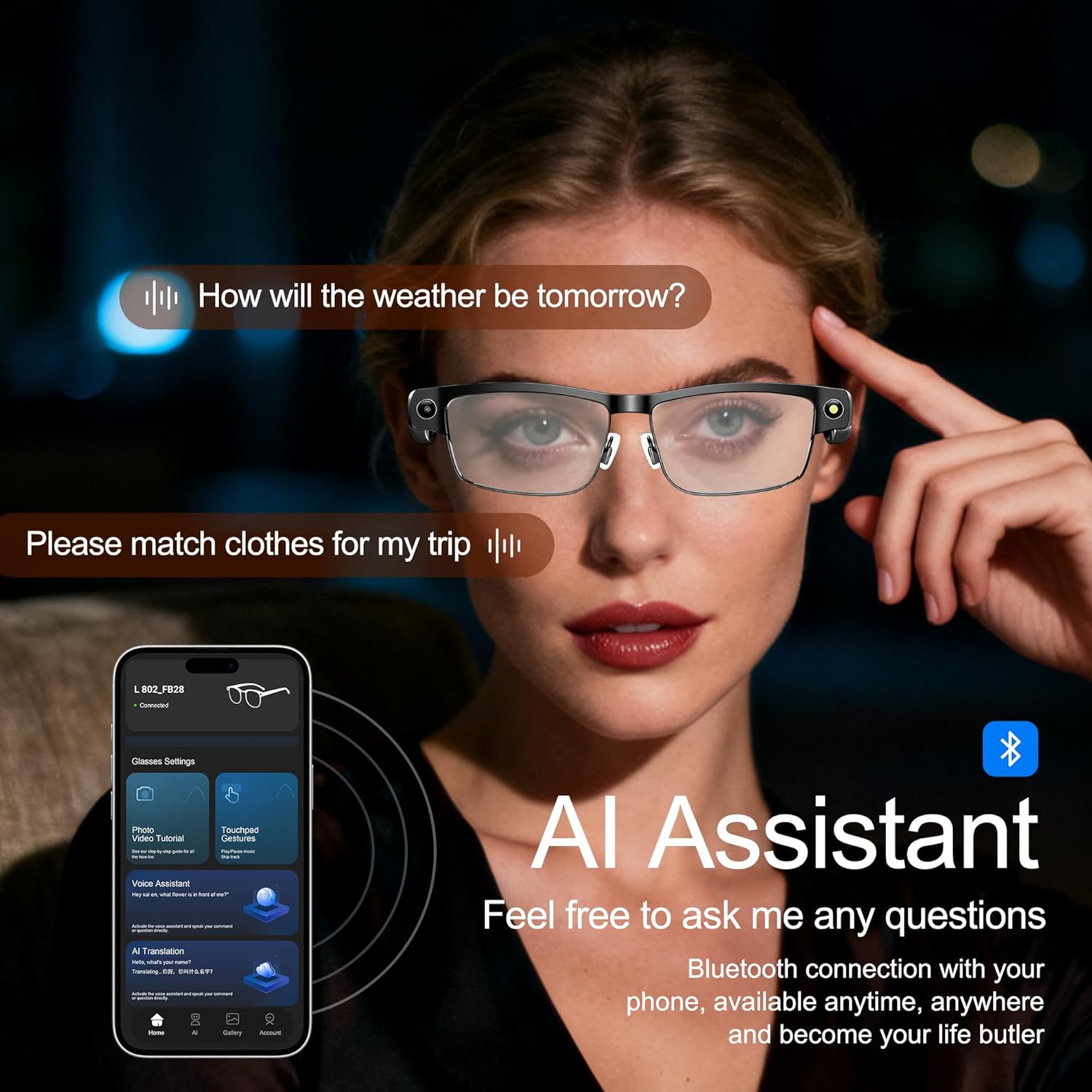 MSCGLYXGS AI Smart Glasses with Camera, 8MP HD Video Recording, Real-Time Translation, Voice Assistant, Open-Ear Audio, Metal Frame, Auto Color-Changing Lenses for Travel & Vlogging